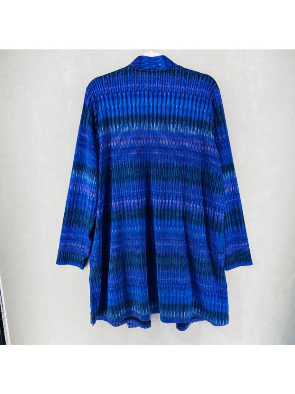 Susan Graver Liquid Knit Sweate XL Purple Blue Stretch Abstract Open Cardigan - Picture 9 of 14